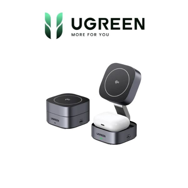 Bộ sạc nhanh không dây từ tính gấp gọn Ugreen Qi2 2 in 1 35316 (dùng cho điện thoại, tai nghe, đồng hồ W702) - Bộ