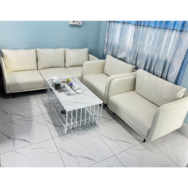 Bộ Sofa nệm da Simili màu trắng (1 băng dài, 2 ghế, 1 bàn mặt đá Ceramic trắng)