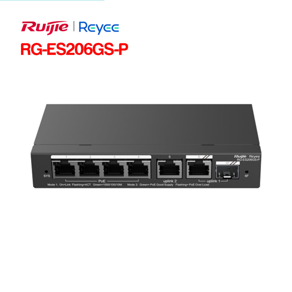Switch PoE Ruijie RG-ES206GS-P 6 ports Gigabit (4 PoE + 2 uplink RJ45 Gigabit/1 combo SFP) - Cái Switch PoE Ruijie RG-ES206GS-P 6 ports Gigabit (4 PoE + 2 uplink RJ45 Gigabit/1 combo SFP) - Cái