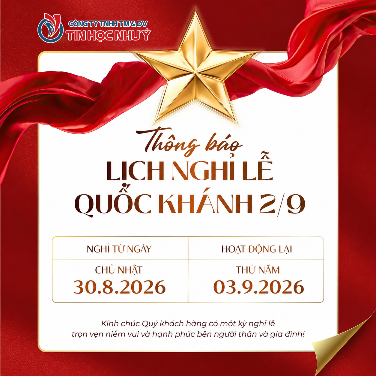 Thông báo lịch nghỉ lễ Quốc Khánh 2026